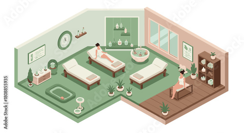 Relaxing spa retreat in isometric style with massage tables and tranquil atmosphere