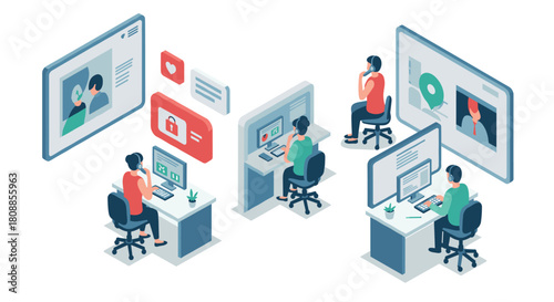 Isometric office collaboration in video conferencing with digital communication elements