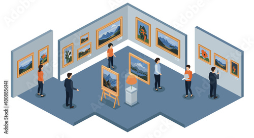 Isometric art gallery with visitors admiring paintings on display
