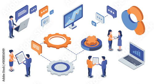 Collaborative workflow in isometric style featuring technology and data analytics