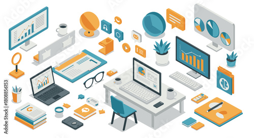 Modern isometric office workspace with digital devices and business analytics
