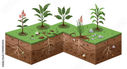 Cross-section of plant growth with roots and soil layers in a lush garden