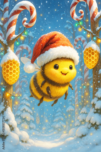 Festive bee wearing Santa hat illustration in a winter wonderland with candy canes and glowing lights