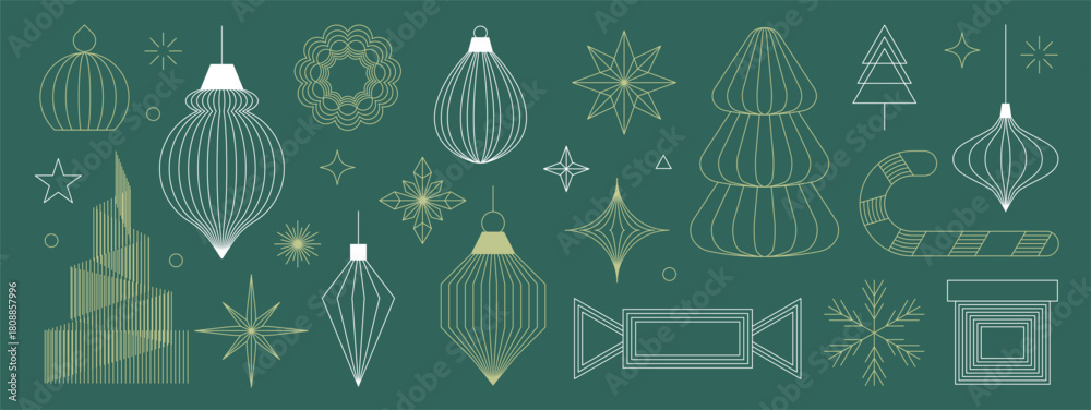Naklejka premium Christmas and Happy New Year vector mid century line art illustration set with festive elements in sage green and gold tones — elegant design for greeting cards