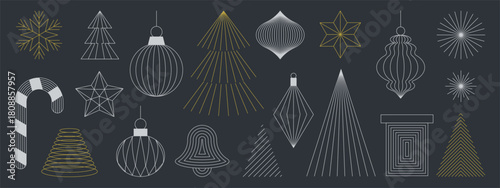 Christmas and Happy New Year vector mid century line art illustration set with festive elements in charcoal grey and gold tones — elegant design for greeting cards