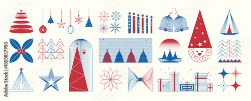 Christmas and Happy New Year vector mid century line art illustration set with festive elements in white background, blue red multicolor tones — elegant design for greeting cards