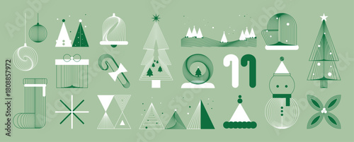 Christmas and Happy New Year vector mid century line art illustration set with festive elements in light mint green and white tones — elegant design for greeting cards