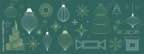 Christmas and Happy New Year vector mid century line art illustration set with festive elements in sage green and gold tones — elegant design for greeting cards