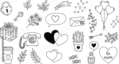 Hand drawn valentine s day doodle icons and symbols collection
