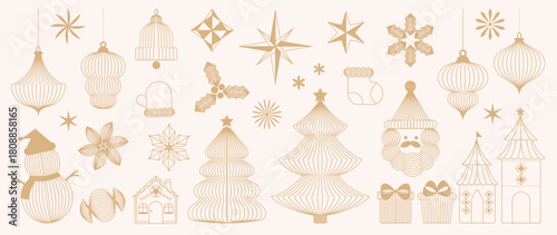 Christmas and Happy New Year vector mid century line art illustration set with festive elements in cream beige and gold tones — elegant design for greeting cards