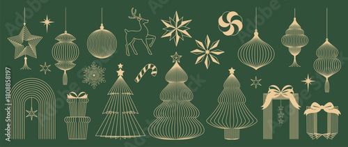 Christmas and Happy New Year vector mid century line art illustration set with festive elements in forest green and gold tones — elegant design for greeting cards