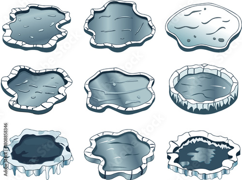 Frozen Lake Shapes Minimal Line Art Set,  15 Winter Ice Outline Elements , Abstract Frozen Water Silhouettes Vector