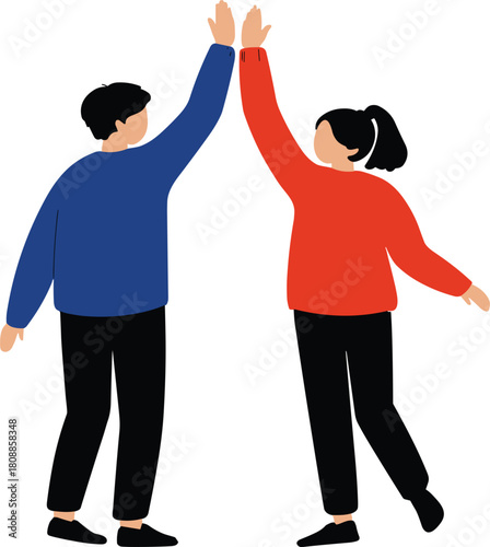 Diverse man and woman high-fiving, teamwork success achievement celebration, business partnership agreement, flat vector illustration concept