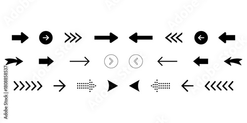 Set of black arrow icons. Various packaging symbols. Motion pointers. Site and player control buttons. Flat style logos. Information pointers. Wayfinding directions. Modern simple vector arrows.