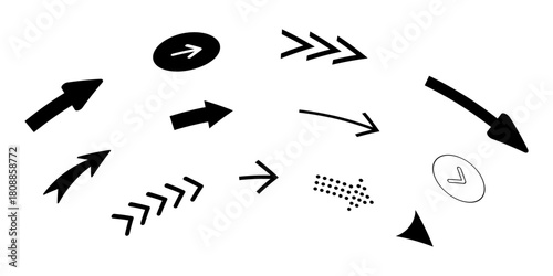 Set of black arrow icons. Various packaging symbols. Motion pointers. Site and player control buttons. Flat style logos. Information pointers. Wayfinding directions. Modern simple vector arrows.