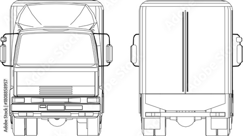 Vector sketch illustration silhouette design image of industrial vehicle trailer truck with rear container for industrial front and rear view