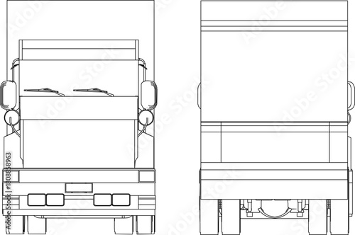 Vector sketch illustration silhouette design image of industrial vehicle trailer truck with rear container for industrial front and rear view 