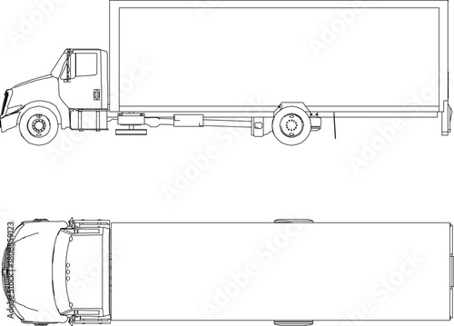 vector sketch illustration silhouette design image of industrial vehicle trailer truck with rear container for industrial side and top view