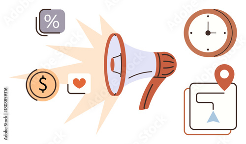 Megaphone with icons of percentage, currency, heart, clock, and map pinpoint. Ideal for marketing, advertising, announcements digital strategy promotions social media communication. A simple flat