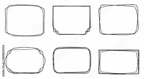 A collection of six unique hand-drawn doodle frames featuring various rectangular shapes with rounded and irregular sketchy outlines.