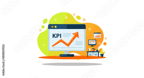 A vibrant illustration depicts key performance indicators with a rising graph on a computer screen, symbolizing business growth and success.