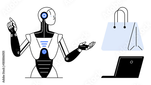 Humanoid robot gesturing toward a laptop and shopping bag, representing digital shopping, e-commerce, and AI integration. Ideal for technology, innovation, retail, automation, online service digital