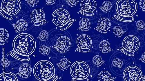 Doodle Snow Globe Seamless Pattern Loop 4K. Christmas and Winter Holiday Blue Background Animation