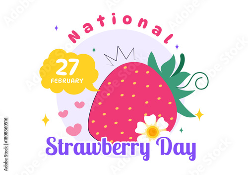 National Strawberry Day Vector Illustration on February 27 to Celebrate the Sweet Red Fruit in a Flat Cartoon Background Design