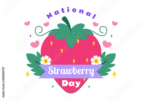 National Strawberry Day Vector Illustration on February 27 to Celebrate the Sweet Red Fruit in a Flat Cartoon Background Design