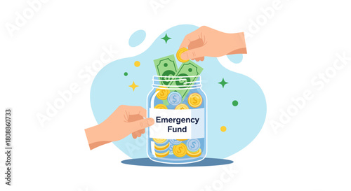 Hands depositing money into an emergency fund jar, symbolizing savings, financial security, and future investment planning for unexpected events.