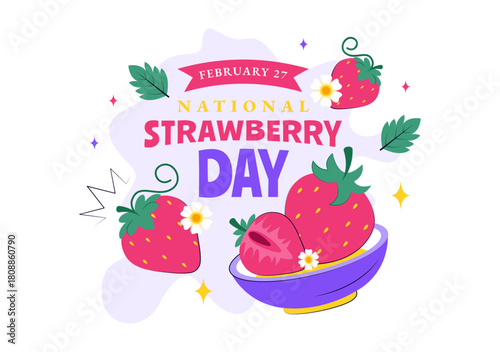 National Strawberry Day Vector Illustration on February 27 to Celebrate the Sweet Red Fruit in a Flat Cartoon Background Design