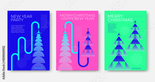 Colorful and modern holiday posters featuring abstract tree designs and festive text for New Year and Christmas celebrations