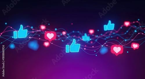 A futuristic stream of glowing blue thumbs-up and pink heart icons symbolizing online interaction and social media feedback