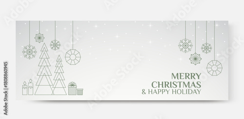 Merry Christmas and Happy Holiday greeting with festive decorations, including snowflakes, gifts, and Christmas tree, creating joyful atmosphere