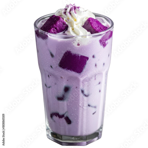 Refreshing ube milk tea with ice cubes and whipped cream isolated on transparent background a delightful blend of creamy milk, ube flavor, and a touch of sweetness for a unique taste
