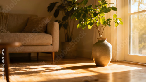 Serene living room bathed in golden sunlight with a stylish sofa and thriving plant, creating a relaxing and inviting atmosphere for home design inspiration