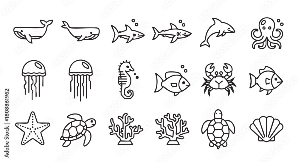 Fototapeta premium Collection of Line Art Sea Animal Illustrations on White Background