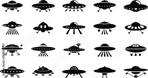 UFO Spaceship Icons Set, Retro Flying Saucer Silhouettes, Alien Craft Vector Collection