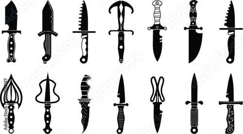 Knife Icons Set, Vintage Dagger and Blade Silhouettes Collection
