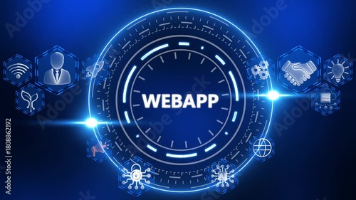 Digital webapp concept with glowing icons and central text on dark blue background technology network