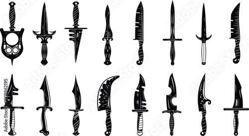 Knife Icons Set, Vintage Dagger and Blade Silhouettes Collection