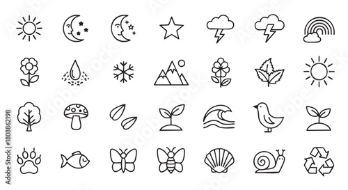 Collection of nature related icon designs in minimalist black and white style