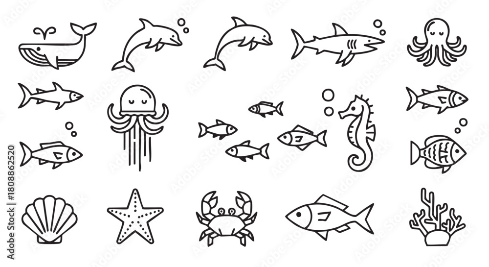 Obraz premium Collection of Underwater Creatures Seamless Pattern in Black and White