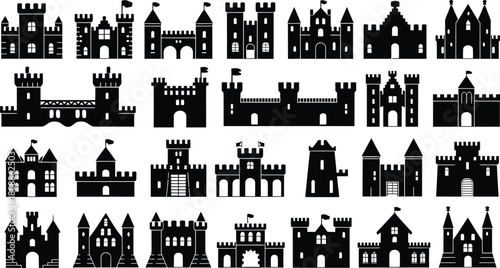 Medieval Castle Silhouette Set – Fortress, Tower, Palace, Fairy tale Vector Icons