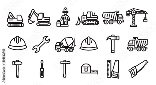 Construction and engineering outline icons including excavator trucks and tools