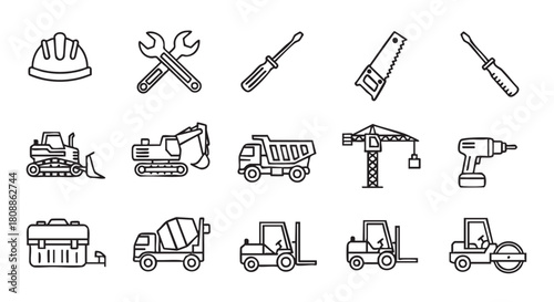 Construction equipment and safety gear icons in black and white outline