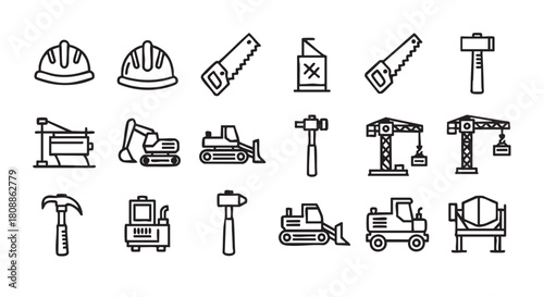 Construction equipment and tools icons set black outline on white background