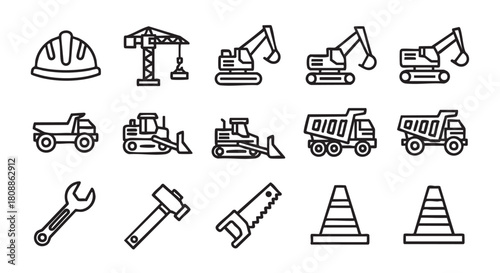 Construction equipment and tools in simple black and white line art style