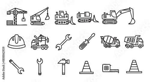 Construction Icons Set Minimalist Style Vector Illustration Heavy Equipment tools