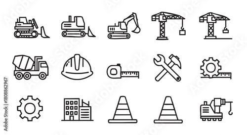 Construction Icons Set Vector Illustration with Heavy Equipment Building and Safety